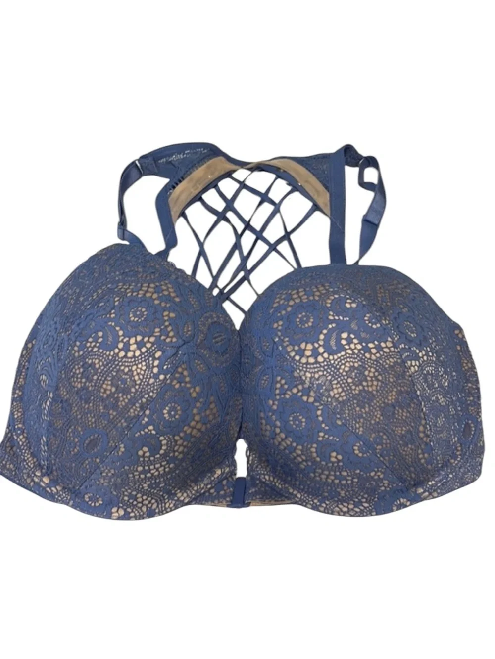 VICTORIA’S SECRET 34DD Very Sexy Push-Up Bra Front Close Strappy Back Blue Lace - Picture 9 of 17